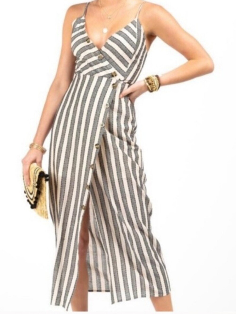 Casual Striped Button-Front Sleeveless Dress in Black & Cream (D15)